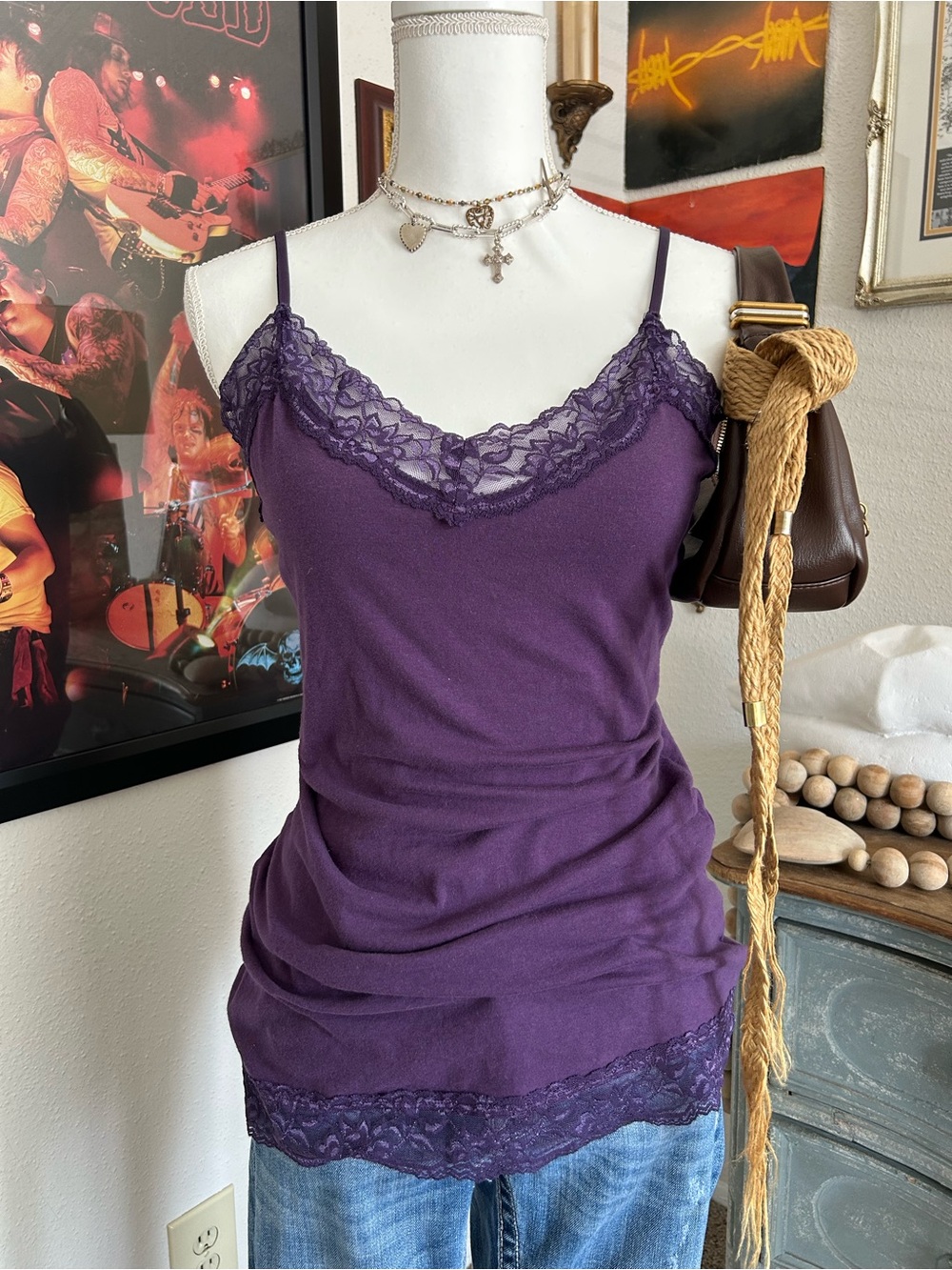 Vintage Y2K Lace Camisole Size XL Purple Lace Trim Slinky Spaghetti Strap Fairy